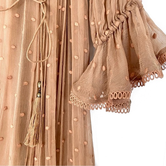 ZIMMERMANN Tulsi Dot Frill Tan Camel Ruffled Midi Dress - Picture 7 of 13